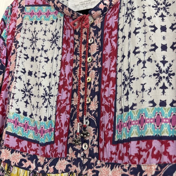 Kyla Seo‎ Geometric Boho Balloon Long Sleeve Peplum Tunic Top Handmade India 1X - Picture 4 of 8